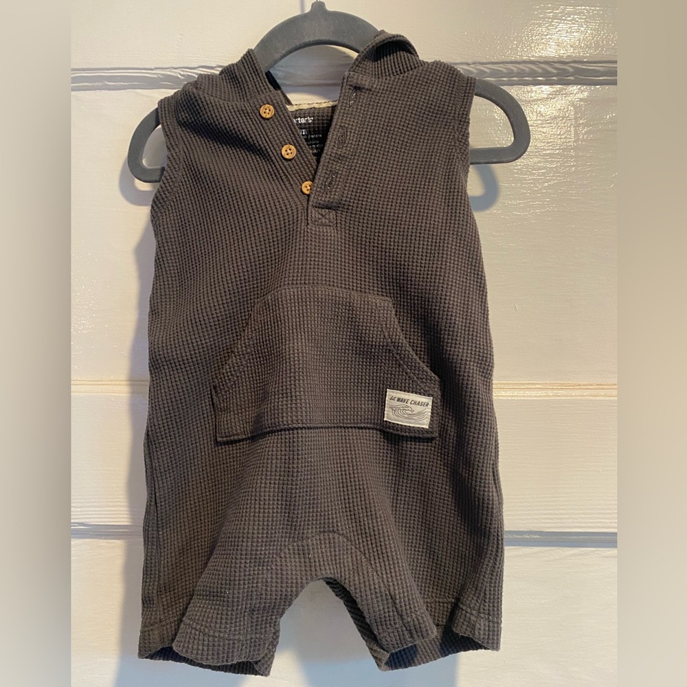 Waffle Knit Gray Romper with Hood